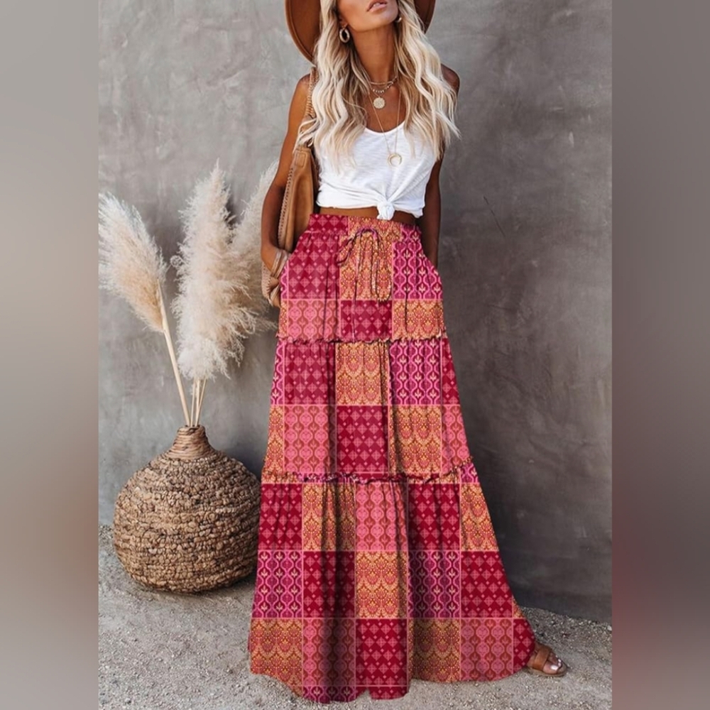 Maxi Skirt 70s Style Long Pocket Skirts - Long Floral Boho Patchwork Print Skirt - Picture 5 of 9